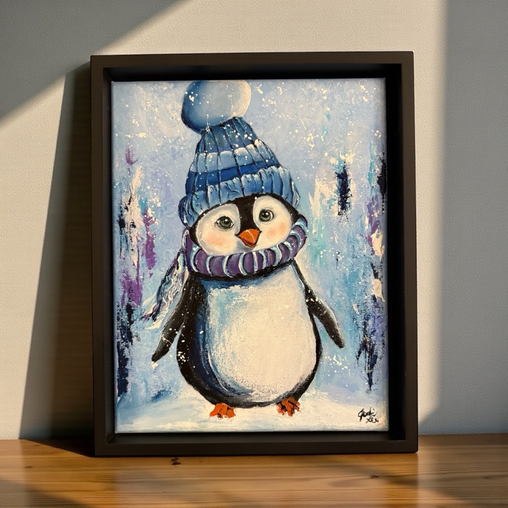 Charming Penguin Original Painting in Black Frame